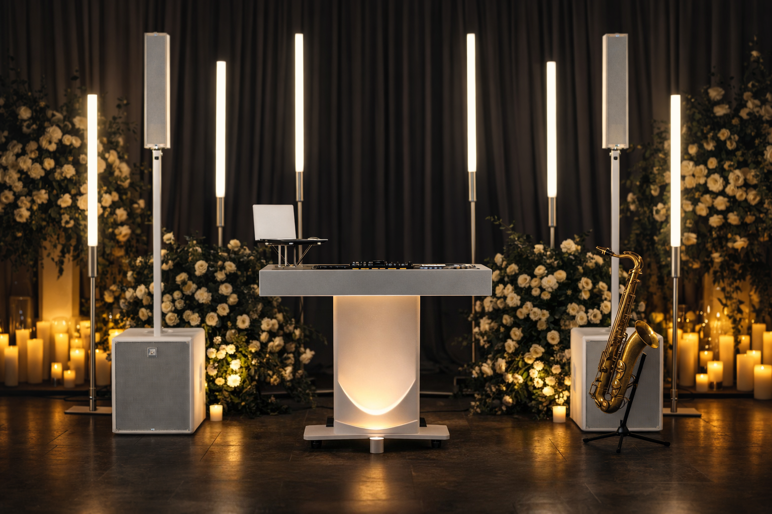 Knox Signature production setup with minimal white DJ booth, architectural lighting, and saxophone
